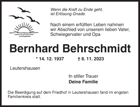 Traueranzeige von Bernhard Behrschmidt von Ansbach