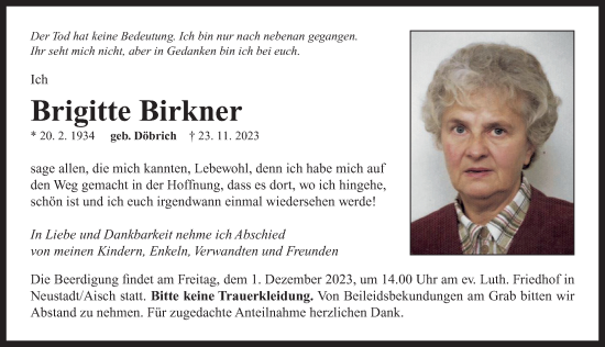 Traueranzeige von Brigitte Birkner von Neustadt/ Scheinfeld/ Uffenheim