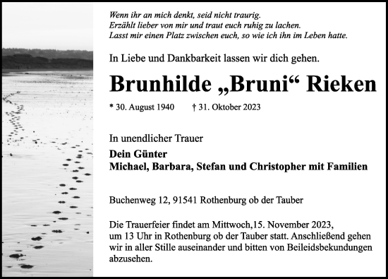 Traueranzeige von Brunhilde Rieken von Rothenburg
