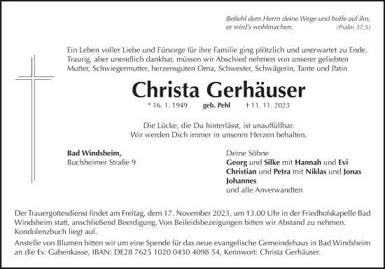 Traueranzeige von Christa Gerhäuser von GE