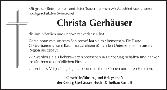 Traueranzeige von Christa Gerhäuser von GE