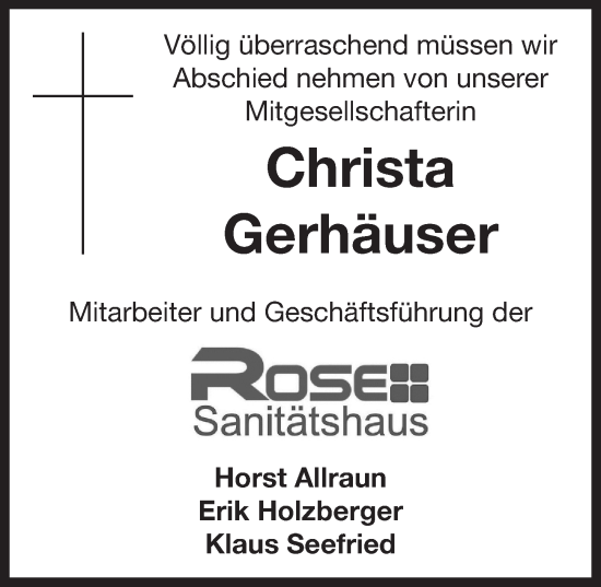 Traueranzeige von Christa Gerhäuser von Neustadt/ Scheinfeld/ Uffenheim