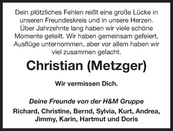 Traueranzeige von Christian Metzger von Neustadt/ Scheinfeld/ Uffenheim