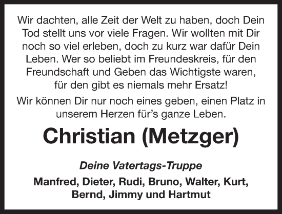 Traueranzeige von Christian Metzger von Neustadt/ Scheinfeld/ Uffenheim
