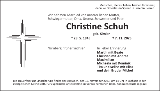 Traueranzeige von Christine Schuh von Ansbach