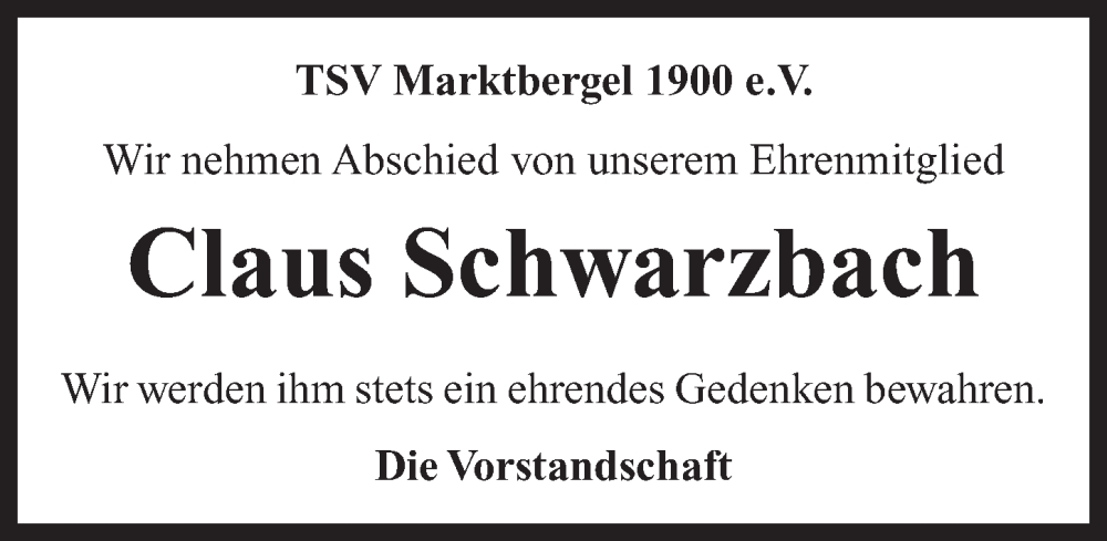  Traueranzeige für Claus Schwarzbach vom 18.11.2023 aus Neustadt/ Scheinfeld/ Uffenheim