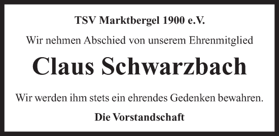 Traueranzeige von Claus Schwarzbach von Neustadt/ Scheinfeld/ Uffenheim