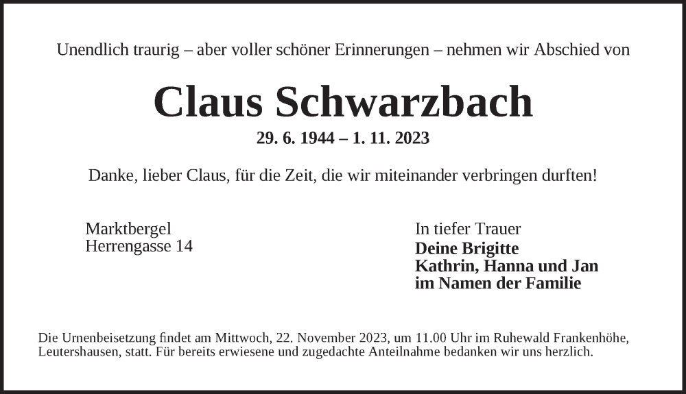  Traueranzeige für Claus Schwarzbach vom 18.11.2023 aus Neustadt/ Scheinfeld/ Uffenheim