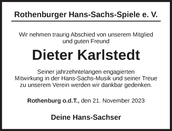 Traueranzeige von Dieter Karlstedt von Rothenburg