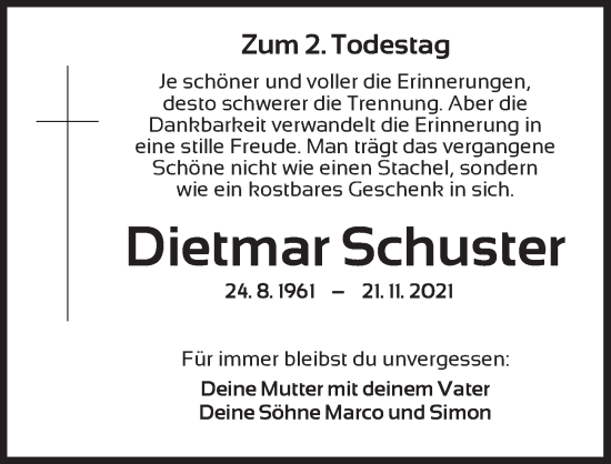 Traueranzeige von Dietmar Schuster von Ansbach