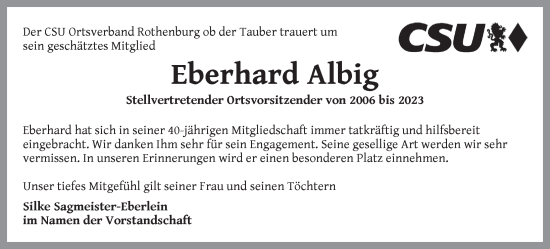 Traueranzeige von Eberhard Albig von Rothenburg
