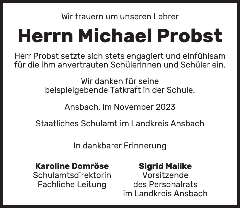  Traueranzeige für Michael Probst vom 11.11.2023 aus Ansbach