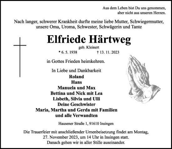 Traueranzeige von Elfriede Härtweg von Rothenburg