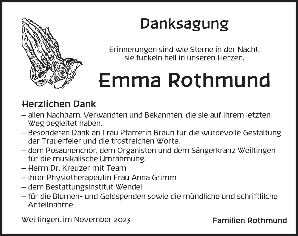  Traueranzeige für Emma Rothmund vom 30.11.2023 aus Dinkelsbühl/ Feuchtwangen