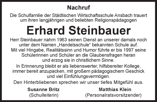 Traueranzeige von Erhard Steinbauer von Ansbach