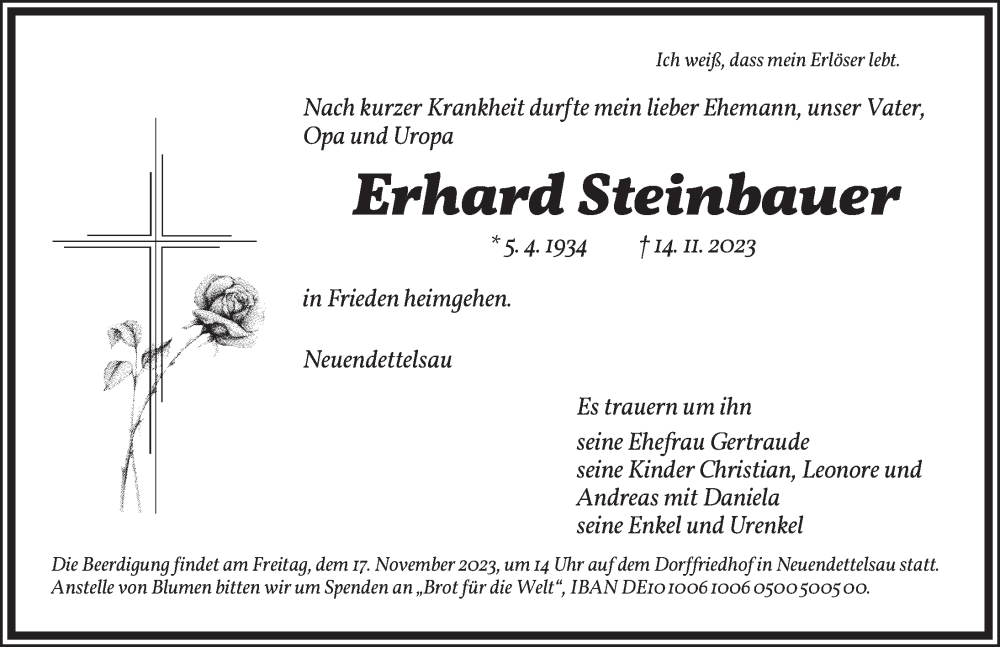  Traueranzeige für Erhard Steinbauer vom 16.11.2023 aus Ansbach