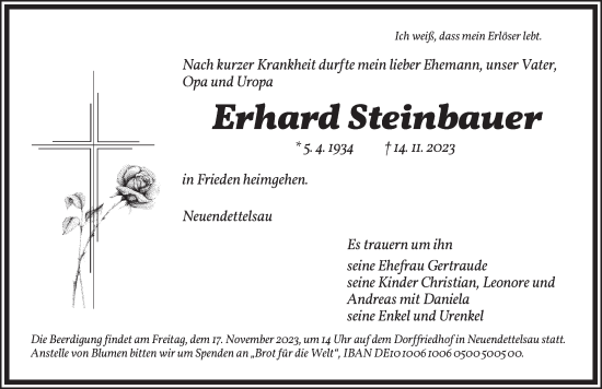 Traueranzeige von Erhard Steinbauer von Ansbach
