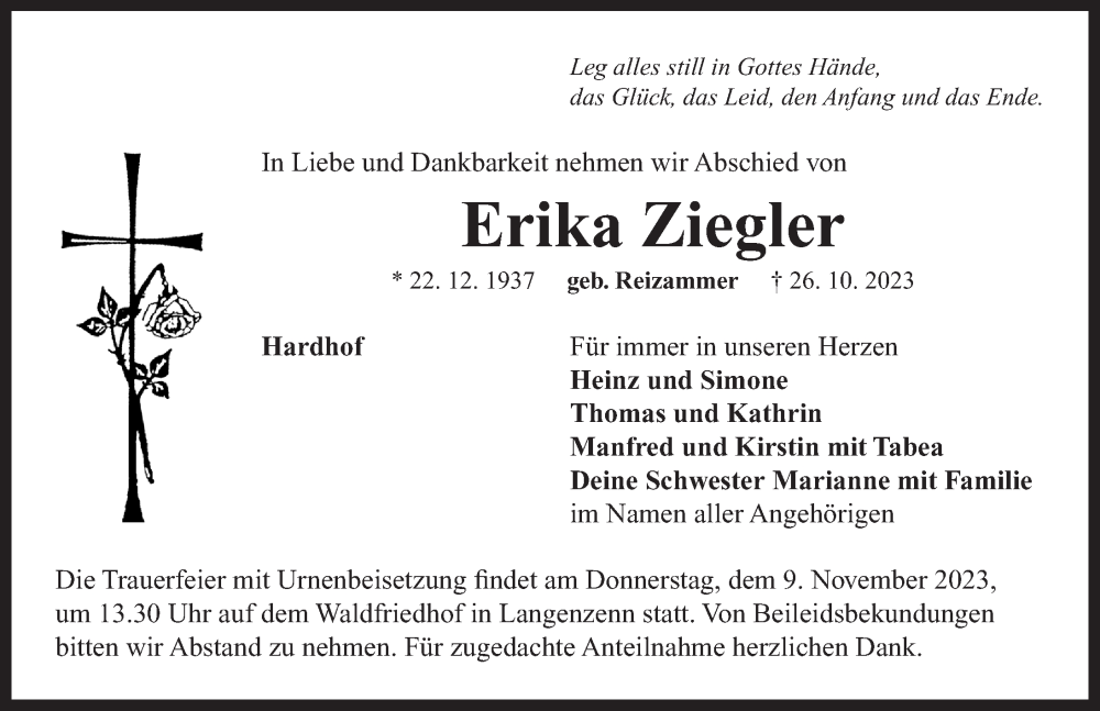  Traueranzeige für Erika Ziegler vom 04.11.2023 aus Neustadt/ Scheinfeld/ Uffenheim