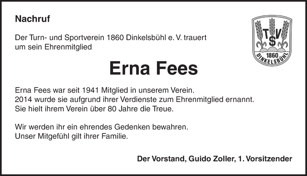  Traueranzeige für Erna Fees vom 21.11.2023 aus Dinkelsbühl/ Feuchtwangen