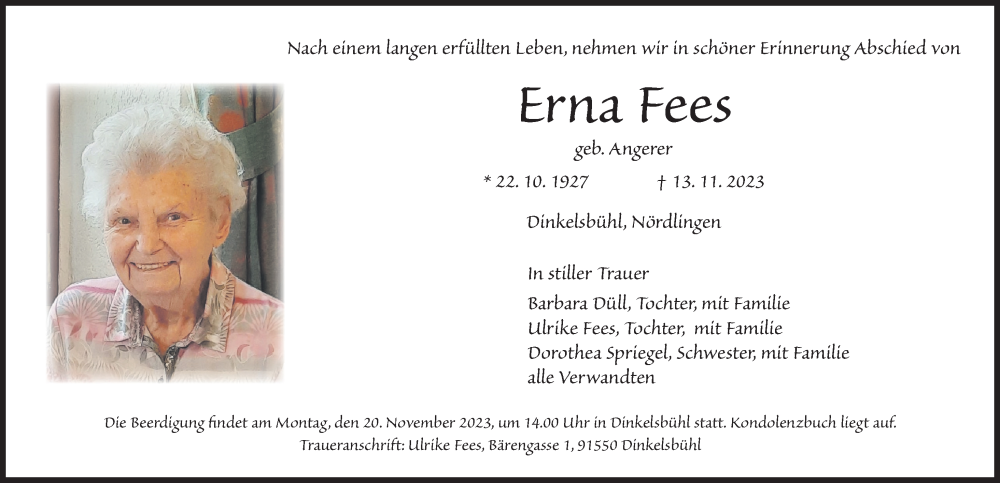 Traueranzeige für Erna Fees vom 17.11.2023 aus Dinkelsbühl/ Feuchtwangen