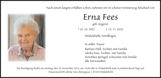 Traueranzeige von Erna Fees von Dinkelsbühl/ Feuchtwangen