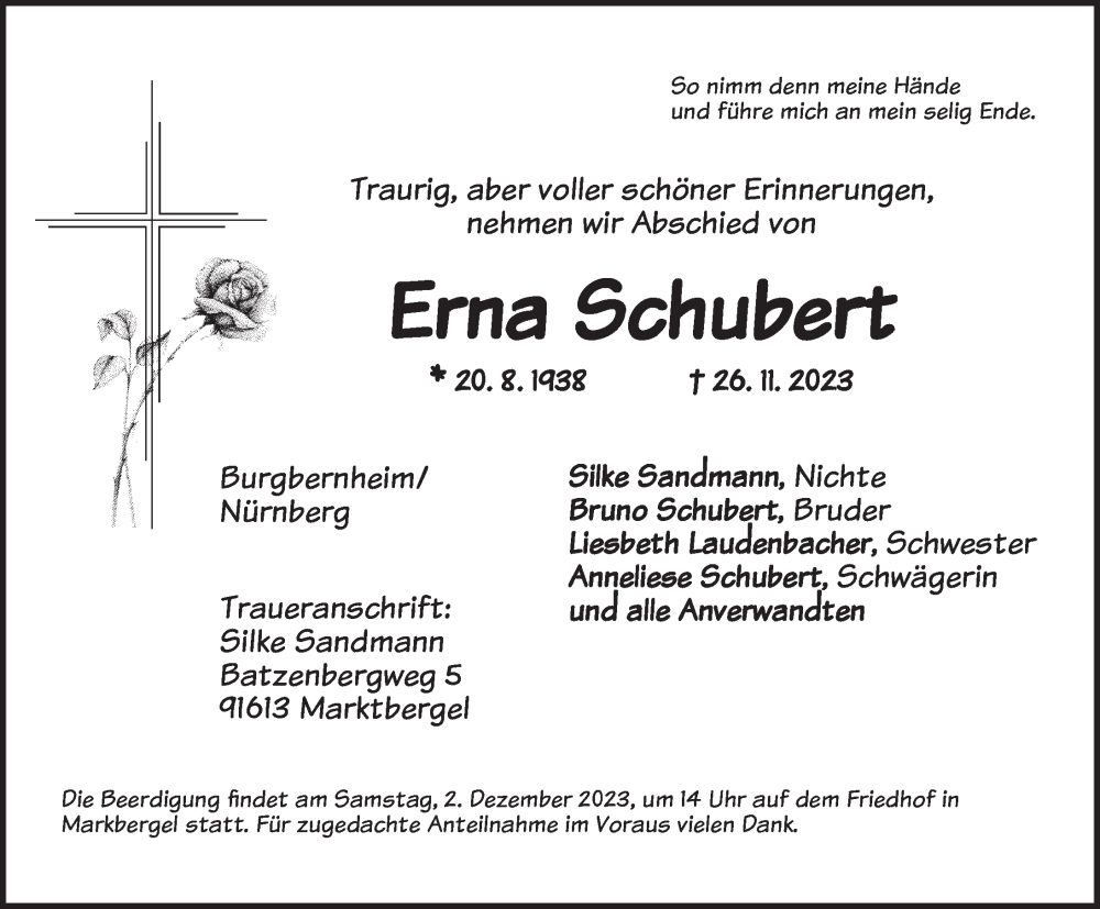  Traueranzeige für Erna Schubert vom 30.11.2023 aus Neustadt/ Scheinfeld/ Uffenheim