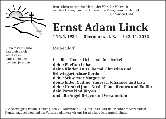 Traueranzeige von Ernst Adam Linck von Ansbach