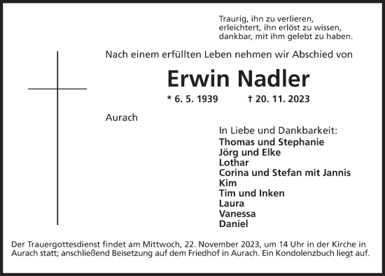 Traueranzeige von Erwin Nadler von Ansbach