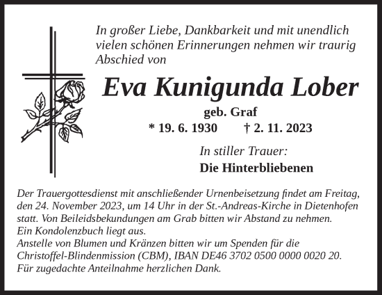 Traueranzeige von Eva Kunigunda Lober von Ansbach