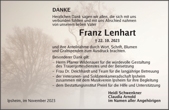 Traueranzeige von Franz Lenhart von Neustadt/ Scheinfeld/ Uffenheim