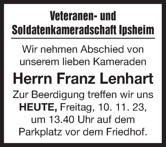 Traueranzeige von Franz Lenhart von Neustadt/ Scheinfeld/ Uffenheim