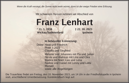 Traueranzeige von Franz Lenhart von Neustadt/ Scheinfeld/ Uffenheim