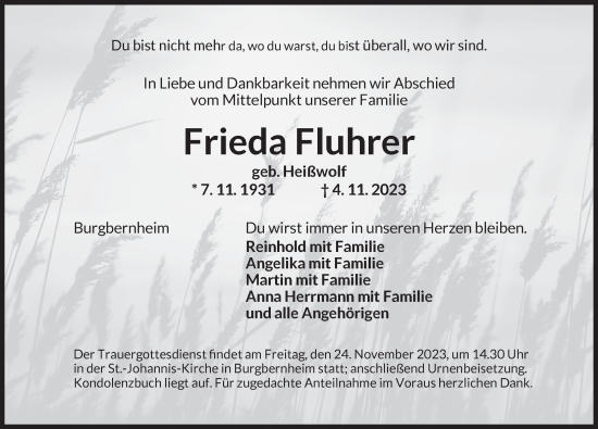 Traueranzeige von Frieda Fluhrer von Neustadt/ Scheinfeld/ Uffenheim