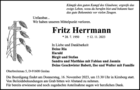 Traueranzeige von Fritz Herrmann von Ansbach