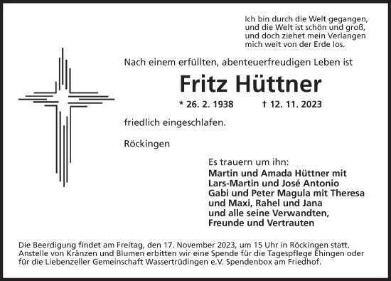 Traueranzeige von Fritz Hüttner von Dinkelsbühl/ Feuchtwangen