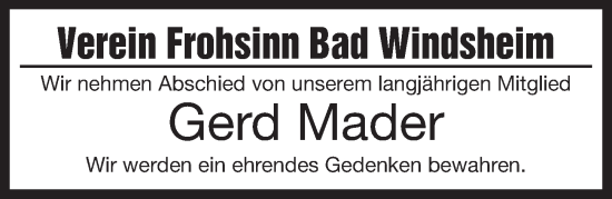Traueranzeige von Gerd Mader von Neustadt/ Scheinfeld/ Uffenheim