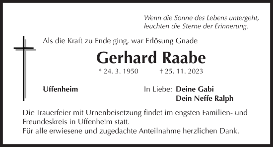 Traueranzeige von Gerhard Raabe von Neustadt/ Scheinfeld/ Uffenheim