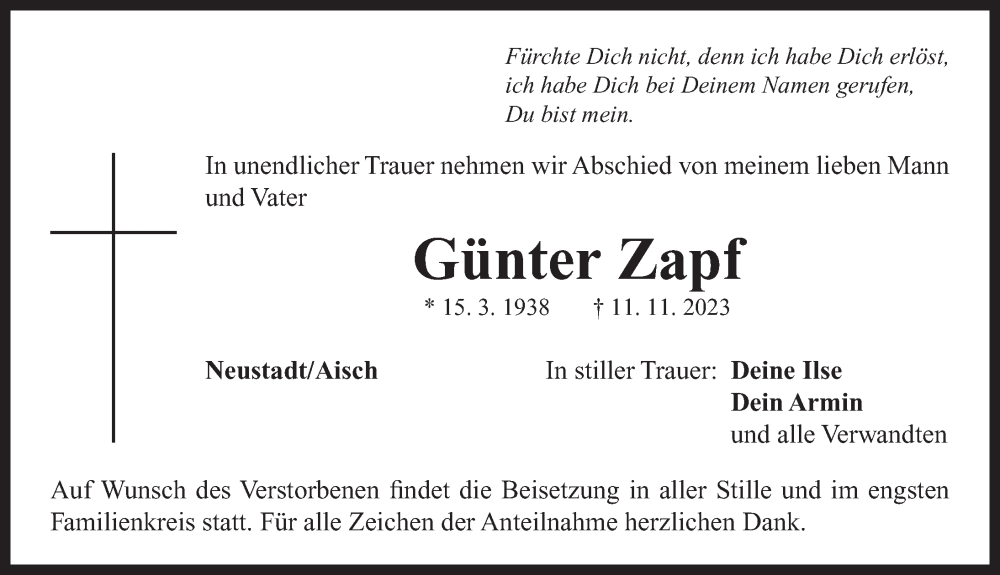  Traueranzeige für Günter Zapf vom 14.11.2023 aus Neustadt/ Scheinfeld/ Uffenheim