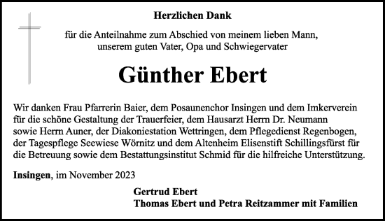 Traueranzeige von Günther Ebert von Rothenburg
