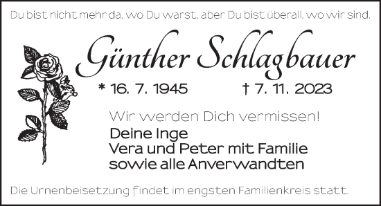 Traueranzeige von Günther Schlagbauer von Neustadt/ Scheinfeld/ Uffenheim