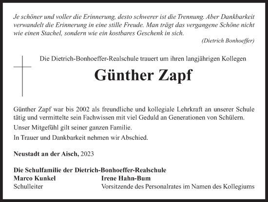 Traueranzeige von Günther Zapf von Neustadt/ Scheinfeld/ Uffenheim