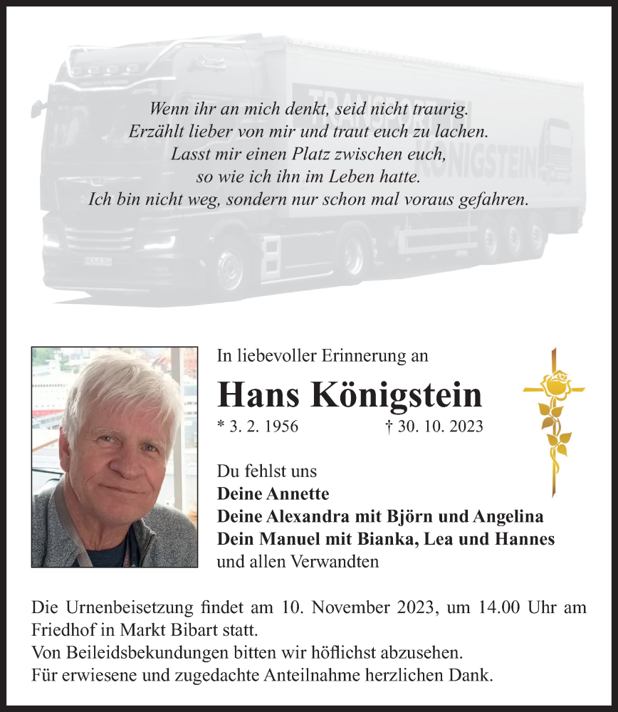  Traueranzeige für Hans Königstein vom 08.11.2023 aus Neustadt/ Scheinfeld/ Uffenheim