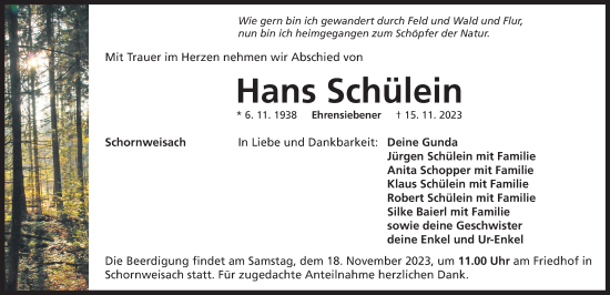 Traueranzeige von Hans Schülein von Neustadt/ Scheinfeld/ Uffenheim
