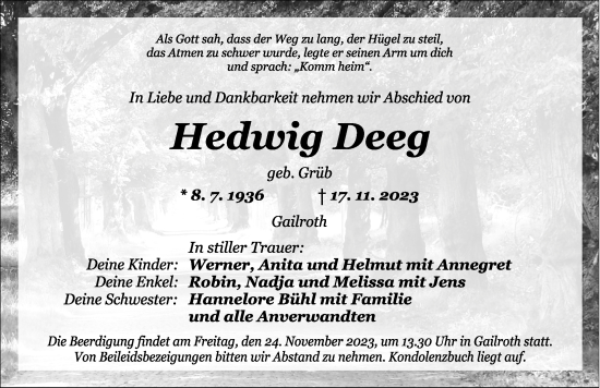 Traueranzeige von Hedwig Deeg von Rothenburg