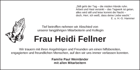 Traueranzeige von Heidi Fellner von Ansbach
