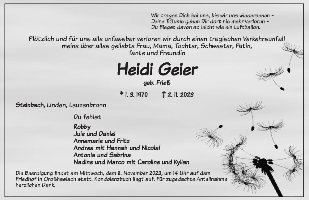  Traueranzeige für Heidi Geier vom 07.11.2023 aus Rothenburg