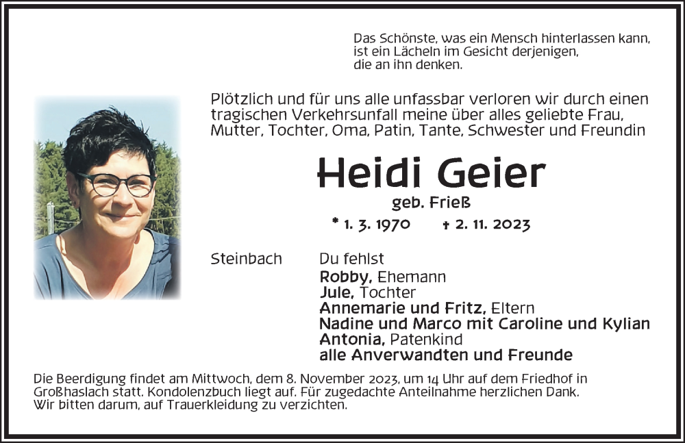  Traueranzeige für Heidi Geier vom 04.11.2023 aus Ansbach