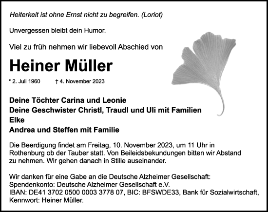Traueranzeige von Heiner Müller von Rothenburg