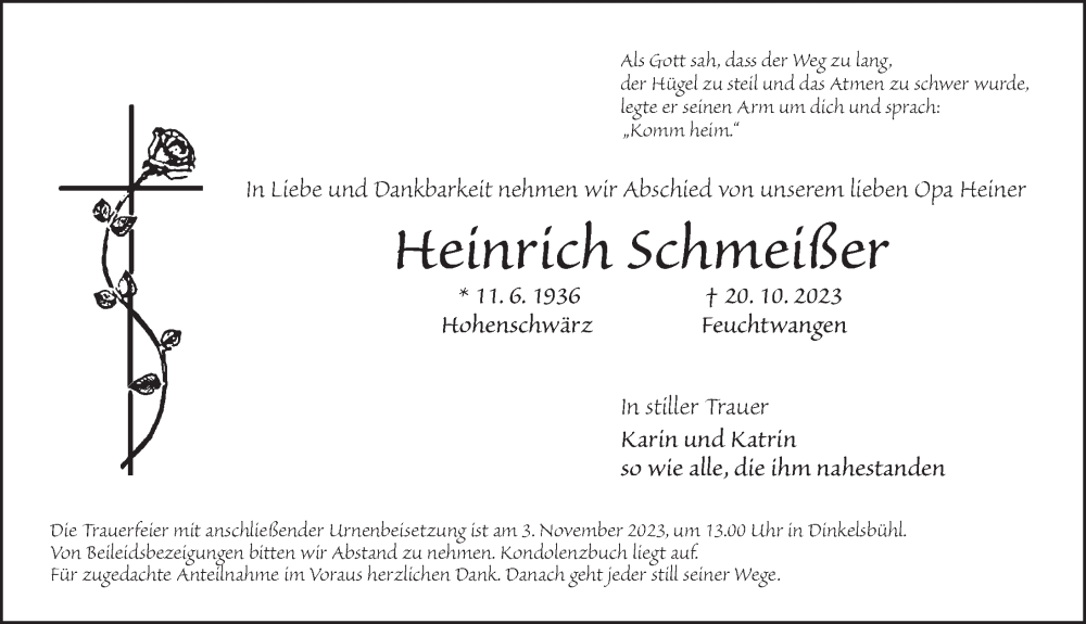  Traueranzeige für Heinrich Schmeißer vom 02.11.2023 aus Dinkelsbühl/ Feuchtwangen