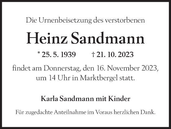 Traueranzeige von Heinz Sandmann von Neustadt/ Scheinfeld/ Uffenheim